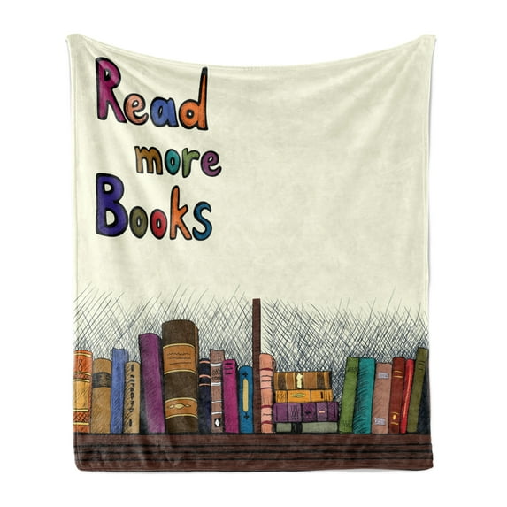 Book Soft Flannel Fleece Throw Blanket, Read More Books Words Printed on Sketch Background with Colorful Books on a Shelf, Cozy Plush for Indoor and Outdoor Use, 60" x 80", Multicolor, by Ambesonne