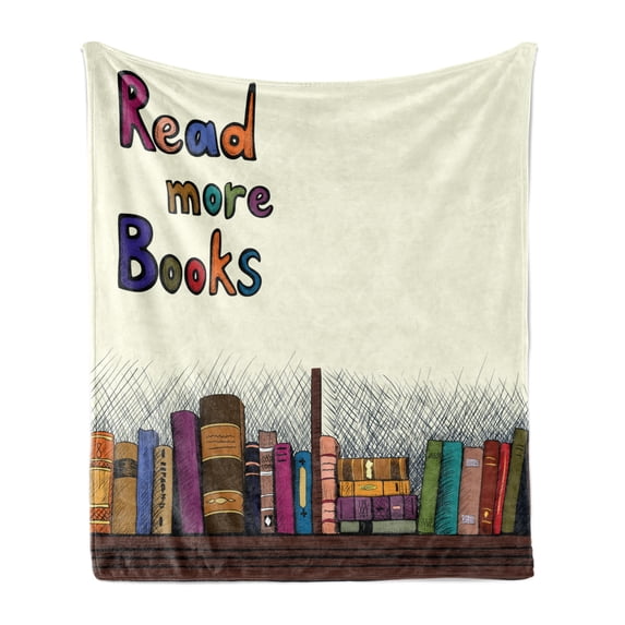Book Soft Flannel Fleece Throw Blanket, Read More Books Words Printed on Sketch Background with Colorful Books on a Shelf, Cozy Plush for Indoor and Outdoor Use, 70" x 90", Multicolor, by Ambesonne