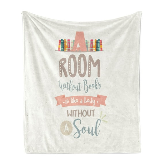 Book Soft Flannel Fleece Throw Blanket, Shelf Illustration a Room Without Books is Body Without Soul Words Print, Cozy Plush for Indoor and Outdoor Use, 70" x 90", Multicolor, by Ambesonne