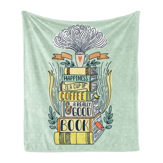Book Soft Flannel Fleece Throw Blanket, Wordsbout Happiness Being Related to Book Printed in Cartoon Style on Books, Cozy Plush for Indoor and Outdoor Use, 70" x 90", Multicolor, by Ambesonne