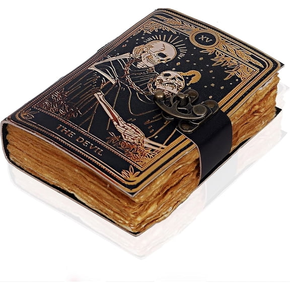 Book of Spells Leather Journal Deckle Paper Grimoire Printed Journal The Devil Tarot Notebook Spiral Gothic Notebook Skull lover Antique Leather Journals for Men and Women