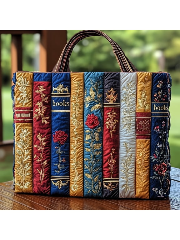 Book Spines Quilted Tote Bag, Colorful Library Pattern Shoulder Tote, Literary Reader Bag