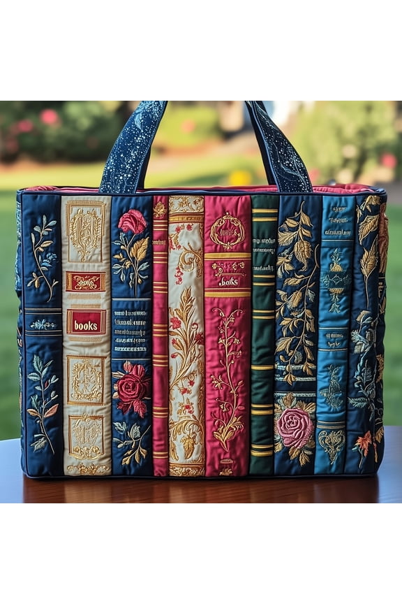 Book Spines Quilted Tote Bag, Colorful Library Pattern Shoulder Tote, Literary Reader Bag