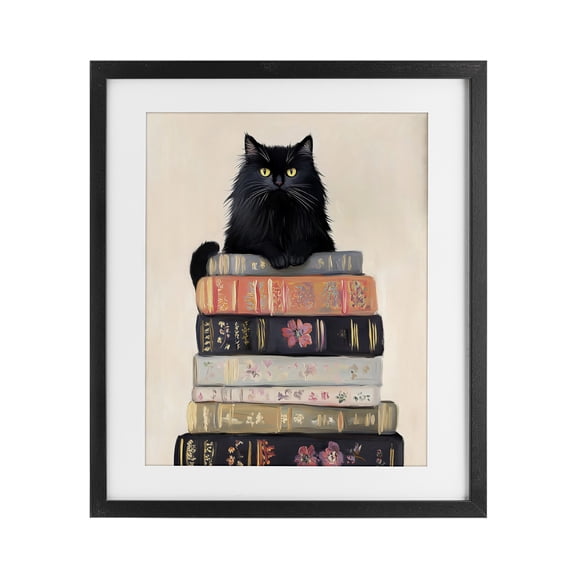 Stupell Industries Book Stack Black Cat Black Framed Print Under Glass, design by Arlington Prints, 21 x 17