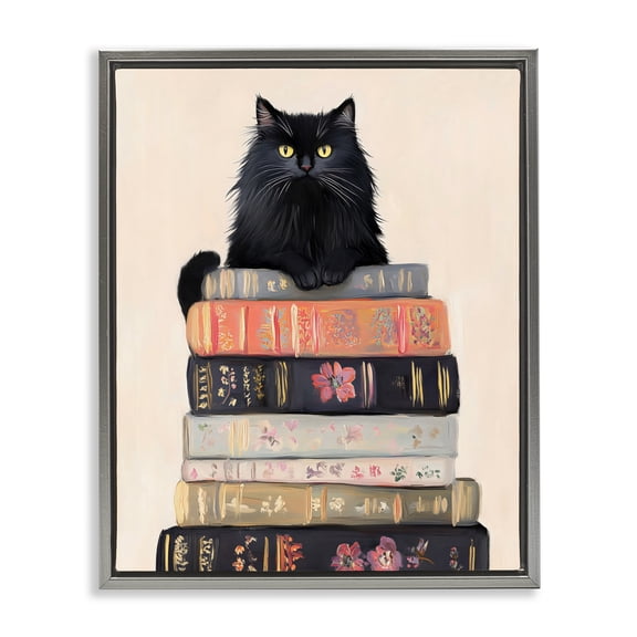 Stupell Industries Book Stack Black Cat Gray Framed Floater Canvas Wall Art, design by Arlington Prints, 31 x 25
