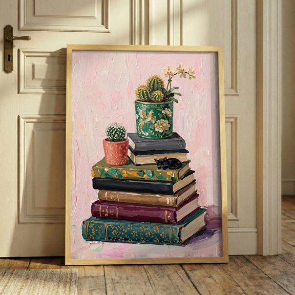 Book Stack Cat Sleeping Black Cat Cactus Plant Cozy Reading Nook Bookish Literary Cat Poster Unframed Paper Print