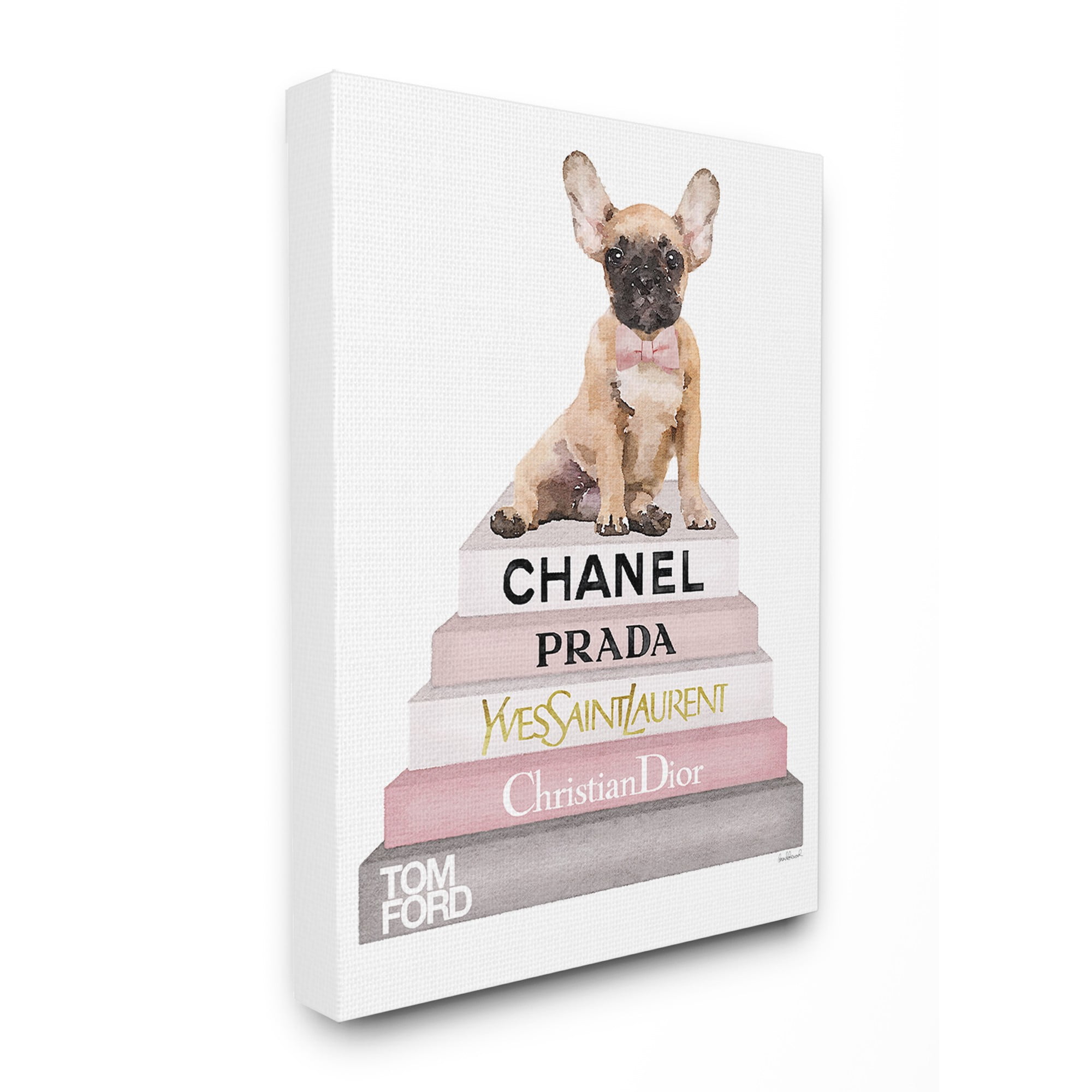 Book Stack Dog Pink Grey Watercolor Illustration Stretched Canvas Wall Art, 30 x 1.5 x 40