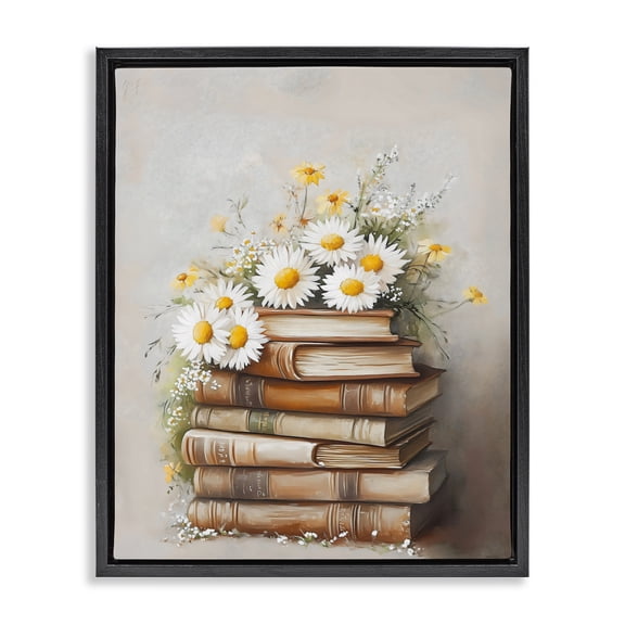 Stupell Industries Book Stack with Daisies Black Framed Floater Canvas Wall Art, design by Arlington Prints, 21 x 17