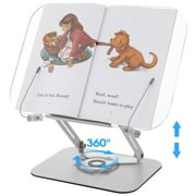 Book Stand, 360°Rotating Ergonomic Reading Stand with Adjustable Height, Foldable Book Holder with Page Clips & Metal Base, Hands-free Support for Textbook, Recipe, Music Sheet, Tablet