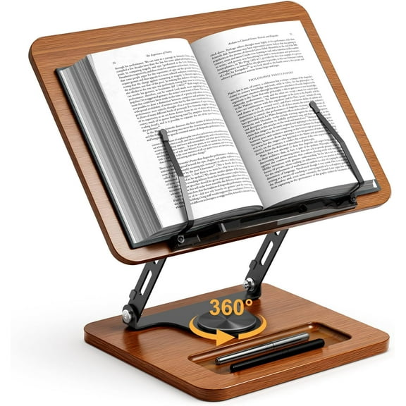 Book Stand for Reading, 360° Rotating Hands Free Book Holder, Adjustable Height and Angle, Page Clip for Cookbook, Recipe, Magazine, Laptop,Tablet, Foldable for Kitchen, Office, School
