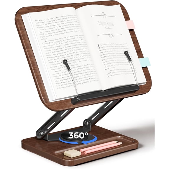 Book Stand for Reading, Adjustable Book Holder with 360° Rotating Base and Elastic Page Clips, Foldable Book Holder Stand