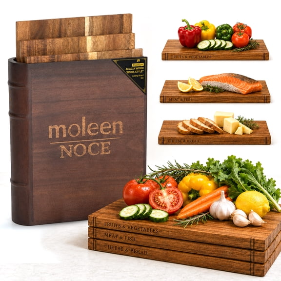 Moleen NOCE Acacia Wood Cutting Board Set, 3-Piece Book Style Chopping Boards with Wooden Stand, Kitchen Counter Decor