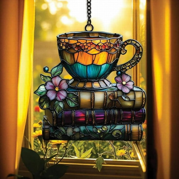Book Sun Catchers Indoor Window, Suncatchers Book Ornament for Windows Hanging, Acrylic Coffee Mug Book Ornaments, Tea Cup Stacked Book Hanging Ornaments, Book Themed