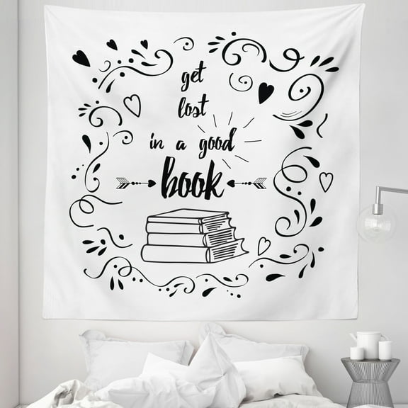 Book Tapestry, Get Lost Reading Printed Words Hand Drawn Floral Pattern Books Arrow, Fabric Wall Hanging Decor for Bedroom Living Room Dorm, 5 Sizes, Black White, by Ambesonne