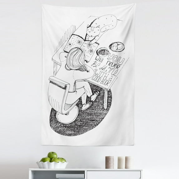 Book Tapestry, Girl and Cat Reading Book on Desk Hand Drawn Cartoon Style with Inspirational Words, Fabric Wall Hanging Decor for Bedroom Living Room Dorm, 5 Sizes, Black White, by Ambesonne