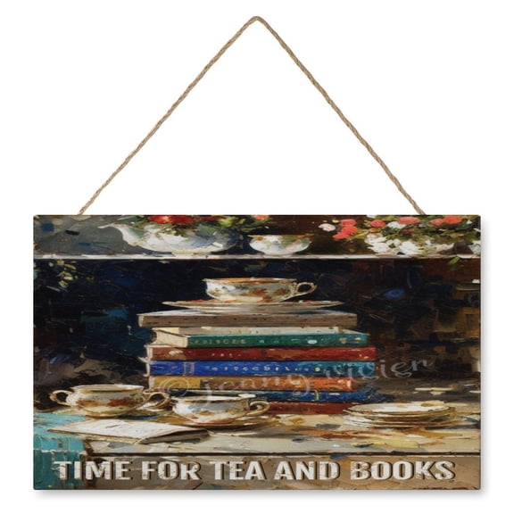 Book And Tea Decor Time for Tea And Books Wall Art Wooden Sign Vintage Pictures for Bedroom Bathroom Kitchen Wall Decorations Bar Interior Decor 10"x16" Wooden Hanging Signs