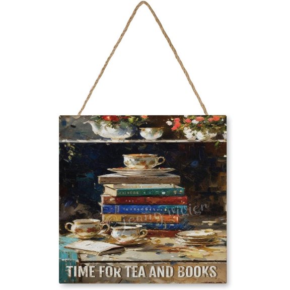 Book and Tea Decor Time for Tea and Books Wall Art Wooden Sign Vintage Pictures for Bedroom Bathroom Kitchen Wall Decorations Bar Interior Decor 12"x12" Wooden Hanging Signs