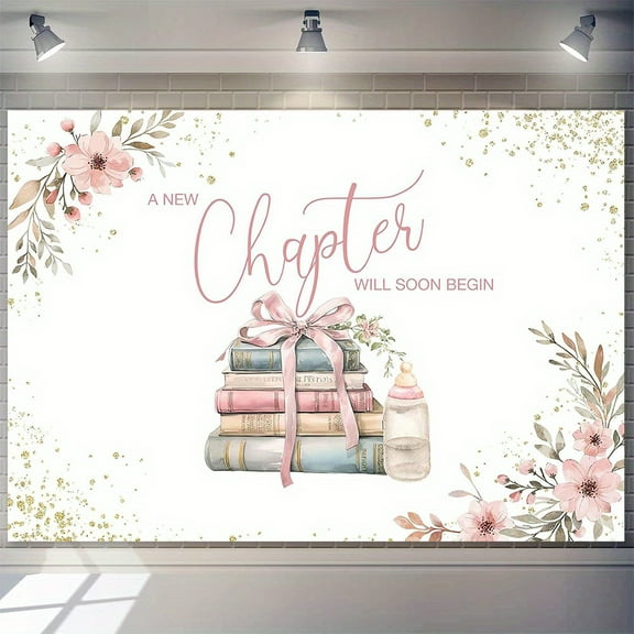 Book Theme Baby Shower Backdrop for Girls A New Chapter Will Soon Begin Photography Background Feeding Bottle Floral Pink Bow Floral Baby Shower Party Decorations Banner Supplies Photo Booth Props