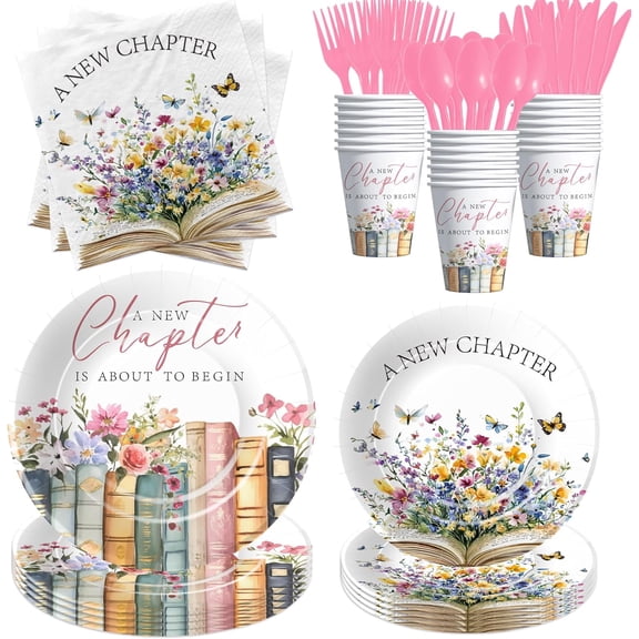 Book Theme Bridal Shower Decorations Tableware, Pink Library Reading Theme A New Chapter Story Book Bridal Shower Party Supplies, Disposable Paper Plate, Cup, Napkin, Cutlery, Serves 24