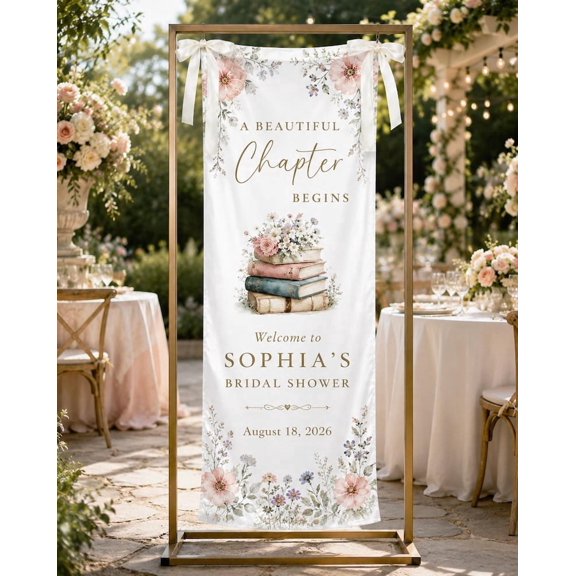 Book Theme Bridal Shower Fabric Welcome Banner, New Chapter Begins Sign, Custom Library Party Backdrop