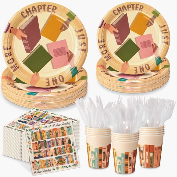 Book Theme Party Tableware Set for 24 Guests with Plates, Cups, Utensils and Napkins