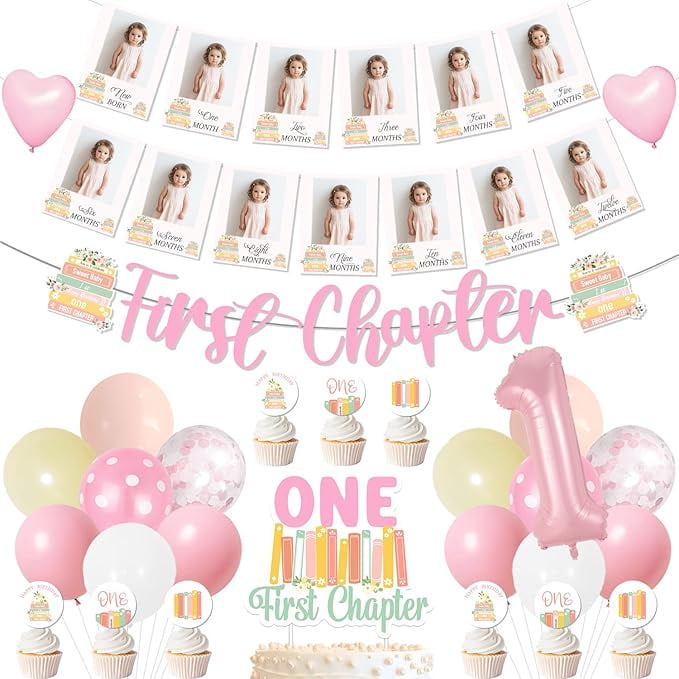 Book Themed 1st Birthday Party Decorations, First Chapter Banner and ...