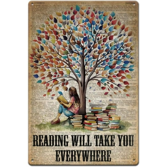 Book Tin Sign Girl Reading Metal Tin Signs Reading Will Take You Everywhere Metal Sign Inspirational Read Signs Wall Art Plaque Metal Decor