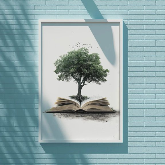 Book Tree Minimalist Knowledge Concept Modern Library Reading Nook Home Poster , Poster Print Only