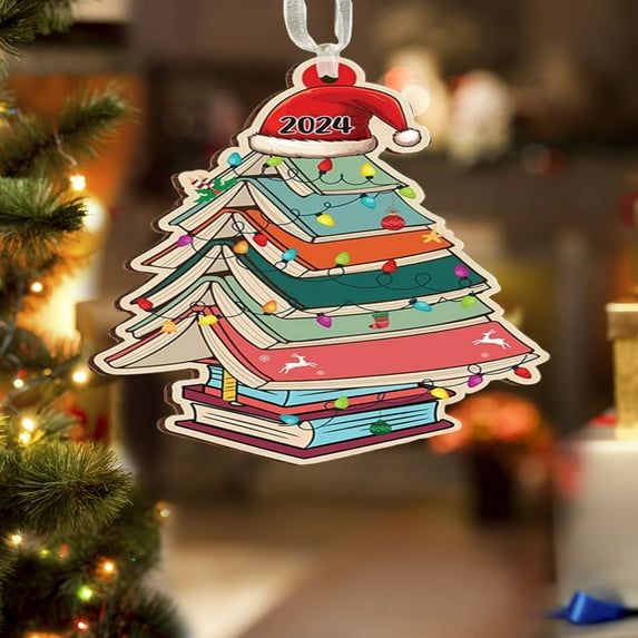 Book Tree Ornament Christmas Book Ornaments, 3.15 Inch 2D Flat Acrylic Shatter-Resistant Book Christmas Tree Shaped Pendant for Book Club Library Office Cubicle Dorm Party