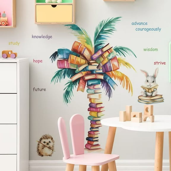 Book Tree Plants Sloth Wall Sticker, tree wall decals,Rabbit decals, hedgehog wall stickers, Removable DIY Vinyl Mural Art Wallpaper Dcor for Reading Room Kids Bedroom Nursery Classroom