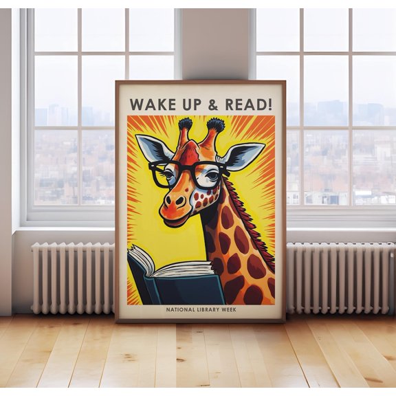 Book Wall Art Wake Up And Read Library Print Book Print Giraffe Print Reading Reading Wall Art Library Wall Art, Unframed Paper Print