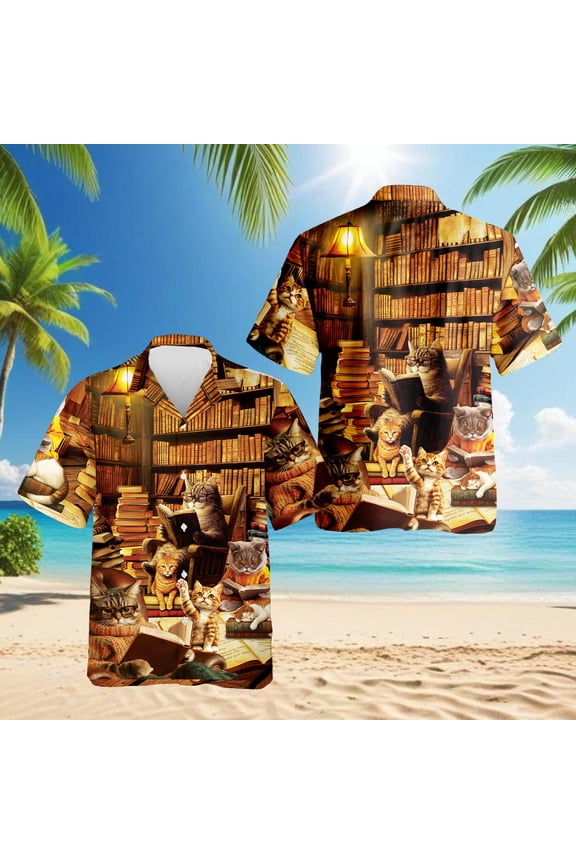 Book and Cat Hawaiian Shirt for Men, Button Down Summer Beach Short Sleeve, S-5XL