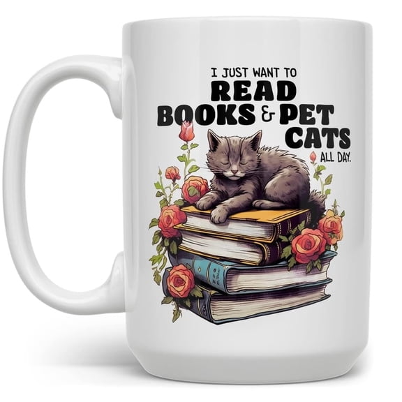 Book and Cat Lover Coffee Mug 1 Side Bookish Bookworm Reading Literary Gift for Women Men Friend