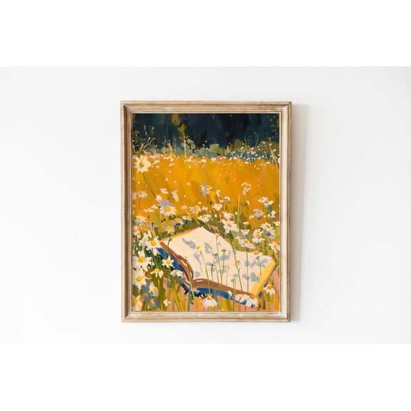Book and Chamomile Field Dreamy Bookworm Home Wall Decor, Unframed Paper Poster 11x14in