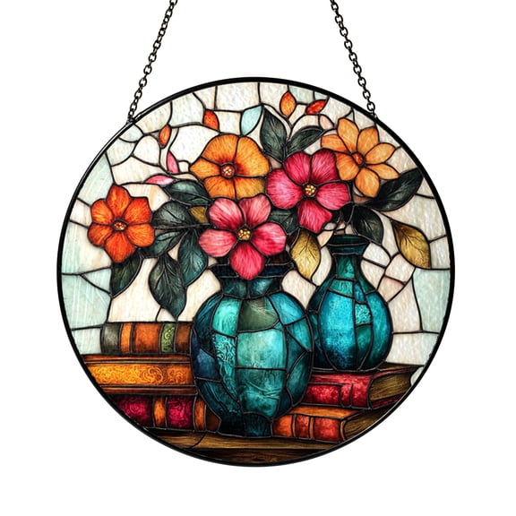 Book and Floral Stained Glass Style Window Hanging Suncatcher, Literary Theme Decor Panel for Reading Corner