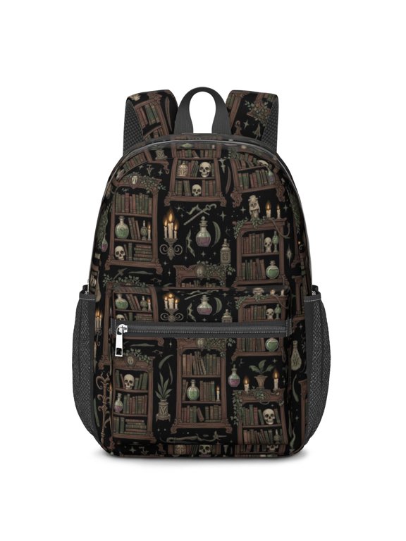 Book and Skull Gothic Pattern 17" School Backpacks for Teens,Waterproof Oxford Fabric,S-Shape Padded Straps for School,Travel,Hiking,Camping