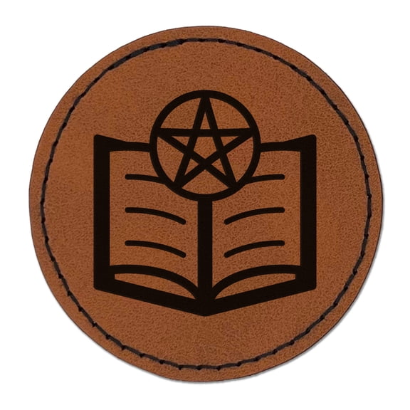 Book of Sorcery Witchcraft Magic 2.5" Faux Leather Round Engraved Iron-On Patch - Brown
