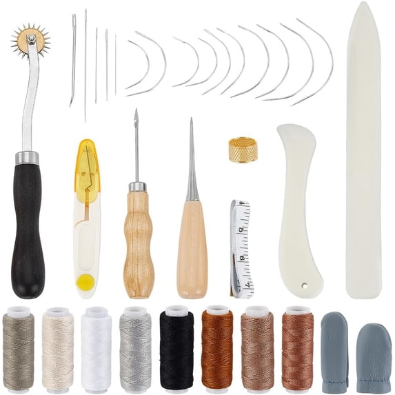 Bookbinding Kit Book Making Kit Bookbinding Supplies with C Shape Stainless Steel Curved Needles Cord Tape Measure Fingertip Protector Wood Handle