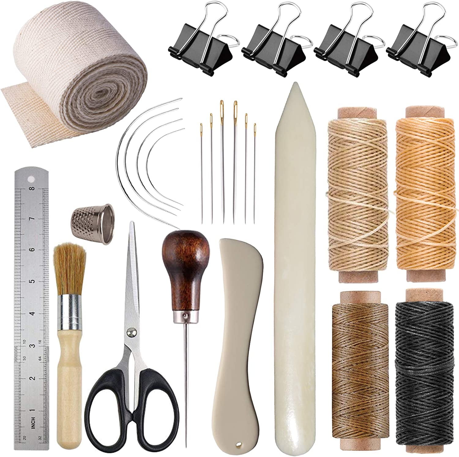 啊啊啊啊 Bookbinding Kits, Bookbinding Supplies Hand Book Binding Starter Tools Set with Genuine Bone Folders, Paper Awl, Large-Eye Needles, Waxed Thread, Binding Ribbon, Glue Brush, Steel Ruler
