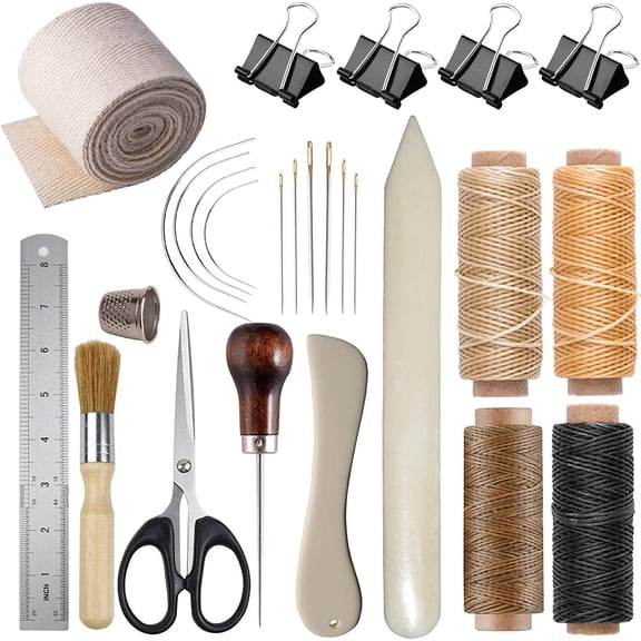 Bookbinding Kits, Bookbinding Supplies Hand Book Binding Starter Tools Set with Genuine Bone Folders, Paper Awl, Large-Eye Needles, Waxed Thread, Binding Ribbon, Glue Brush, Steel Ruler