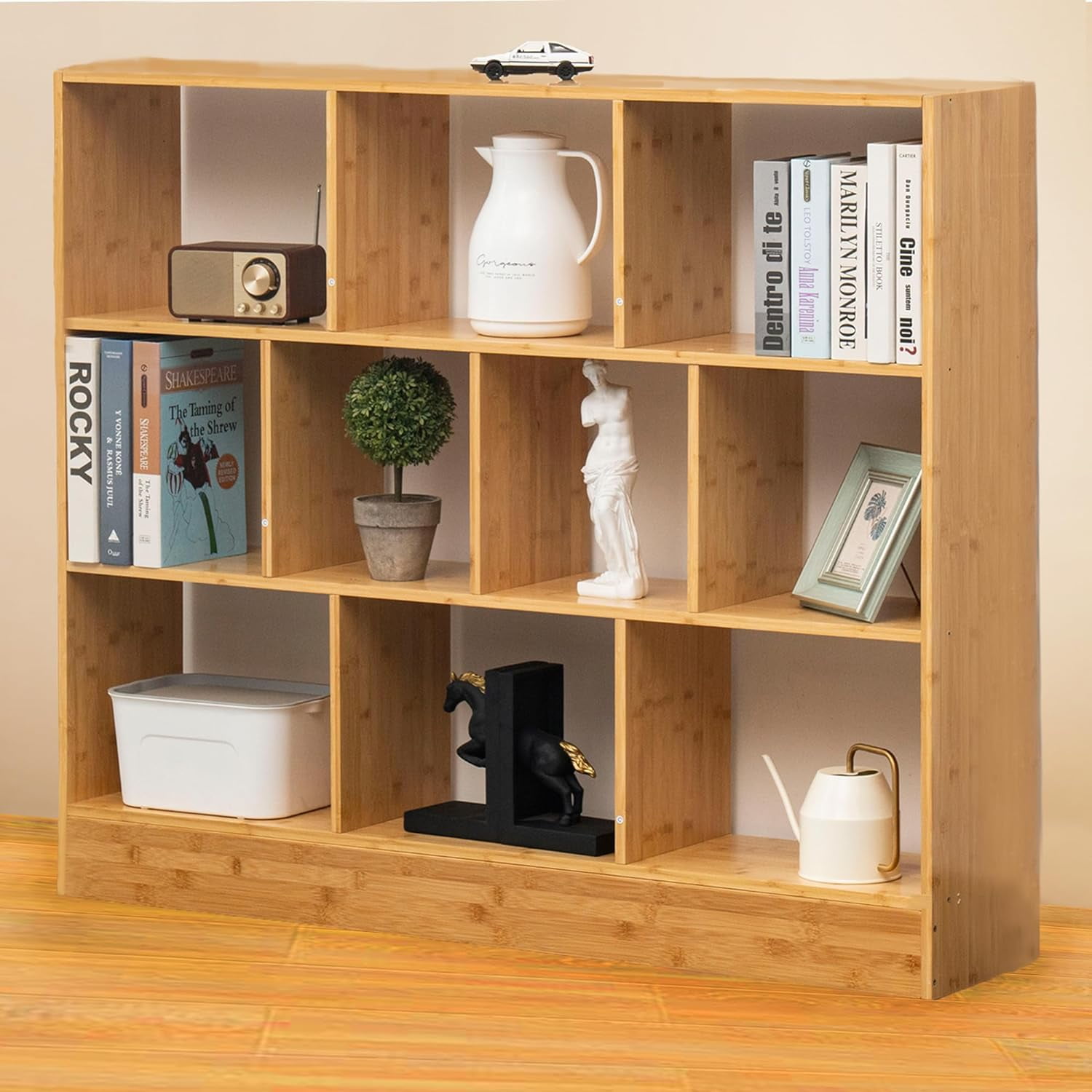 Bookcase 10 Cube Bookshelves With Base, 3Tier Bamboo Freestanding