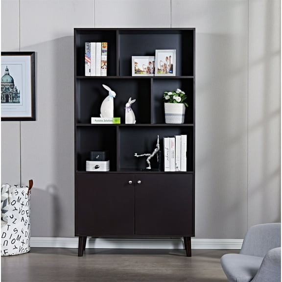 Bookcase, 3-Tier Bookshelf with 2 Doors, Wood Bookcases Storage Cabinet for Bedroom, Living Room and Office, 35.43''L x 13.98''W x 67.32''H, Coffee