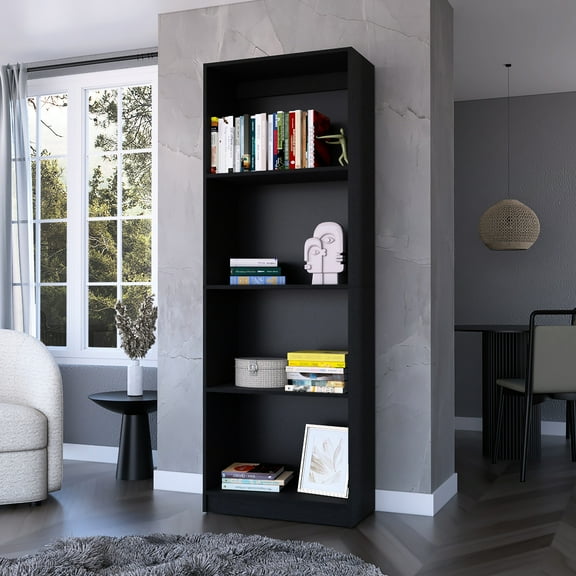 Bookcase, 4 Shelves, Black, Modern Design, Engineered Wood & Particle Board Black Maximized Storage Space, Open