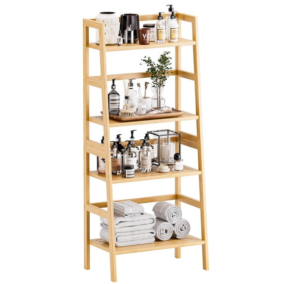 Bookcase 4-Tier Ladder Shelf Natural Bamboo Display Storage Rack for ...