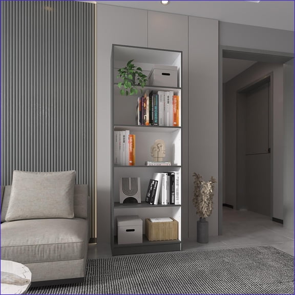 5-Shelf Bookcase, Sleek Contemporary Matte Gray & Off-White | Grey+White | Primary Living Space