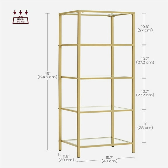 Bookcase, 5-Tier Bookshelf, Slim Shelving Unit for Bedroom, Bathroom, Home Office, Tempered Glass, Steel Frame, Metallic Gold