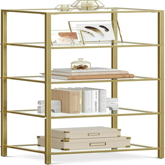 Bookcase, 5-Tier Bookshelf, Slim Shelving Unit for Bedroom, Bathroom, Home Office, Tempered Glass, Steel Frame, Metallic Gold