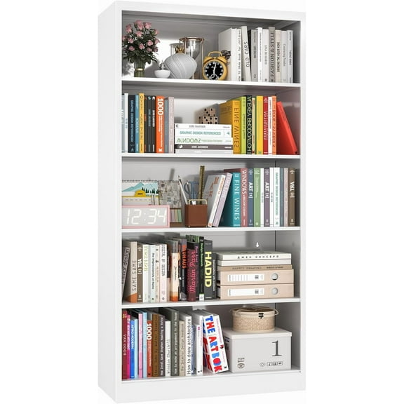 Bookcase,5 Tier White Bookshelves,55" Tall Free Standing Metal Bookcase with Adjustable Storage Shelves, Wide Bookshelf for Bedroom Living Room Home Office School (White)