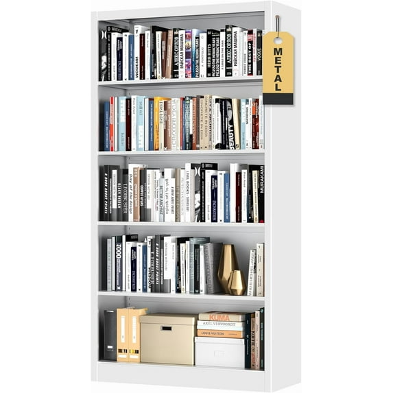 Bookcase,5 Tier White Bookshelves,66" Tall Free Standing Metal Bookcase with Adjustable Storage Shelves, Wide Bookshelf for Bedroom Living Room Home Office School