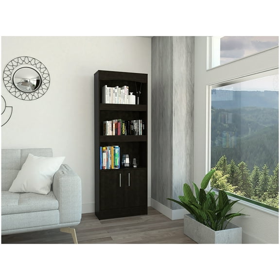 Bookcase - 70.8" Tall Bookcase with Double Doors, 3 Shelves - Black Finish, Modern Storage Cabinet for Living Room, Bedroom, Home Office